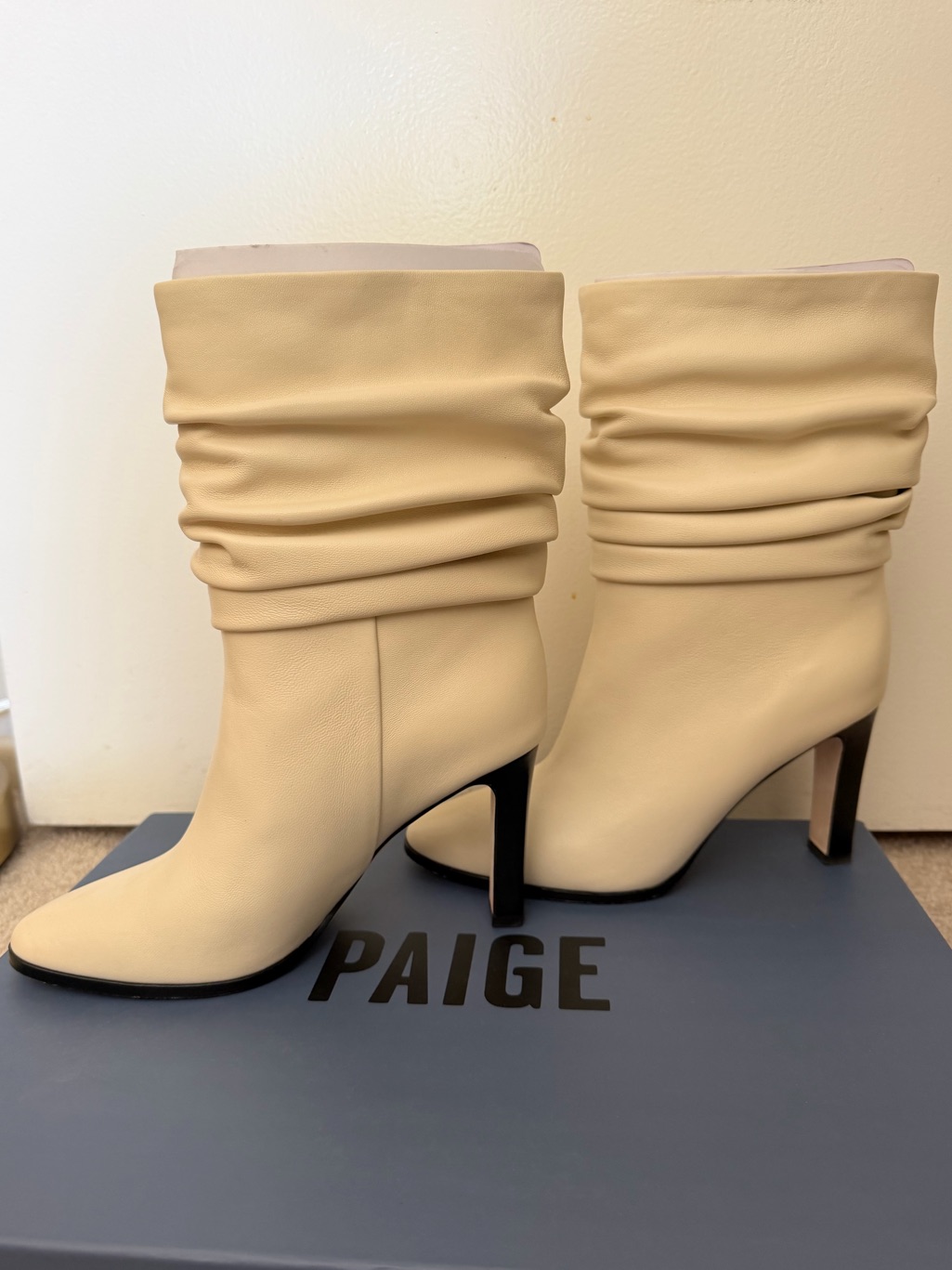 Paige Cream Slouchy Pointed-Toe High Heel Ankle Boots W/ Original Paige Box